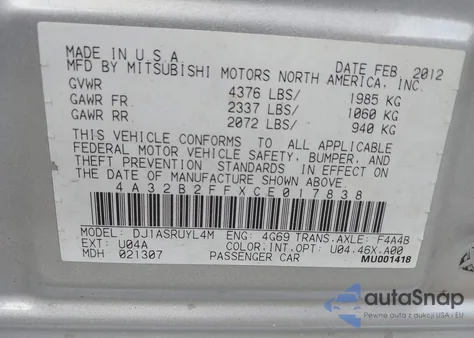 2012 Mitsubishi Galant Fe z USA, uszkodzony, nr VIN 4A32B2FFXCE017838